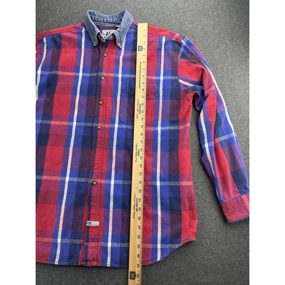 VTG 90s American‎ Eagle Men's Sz M Denim Button-Up Shirt Plaid Cotton Grunge Y2K